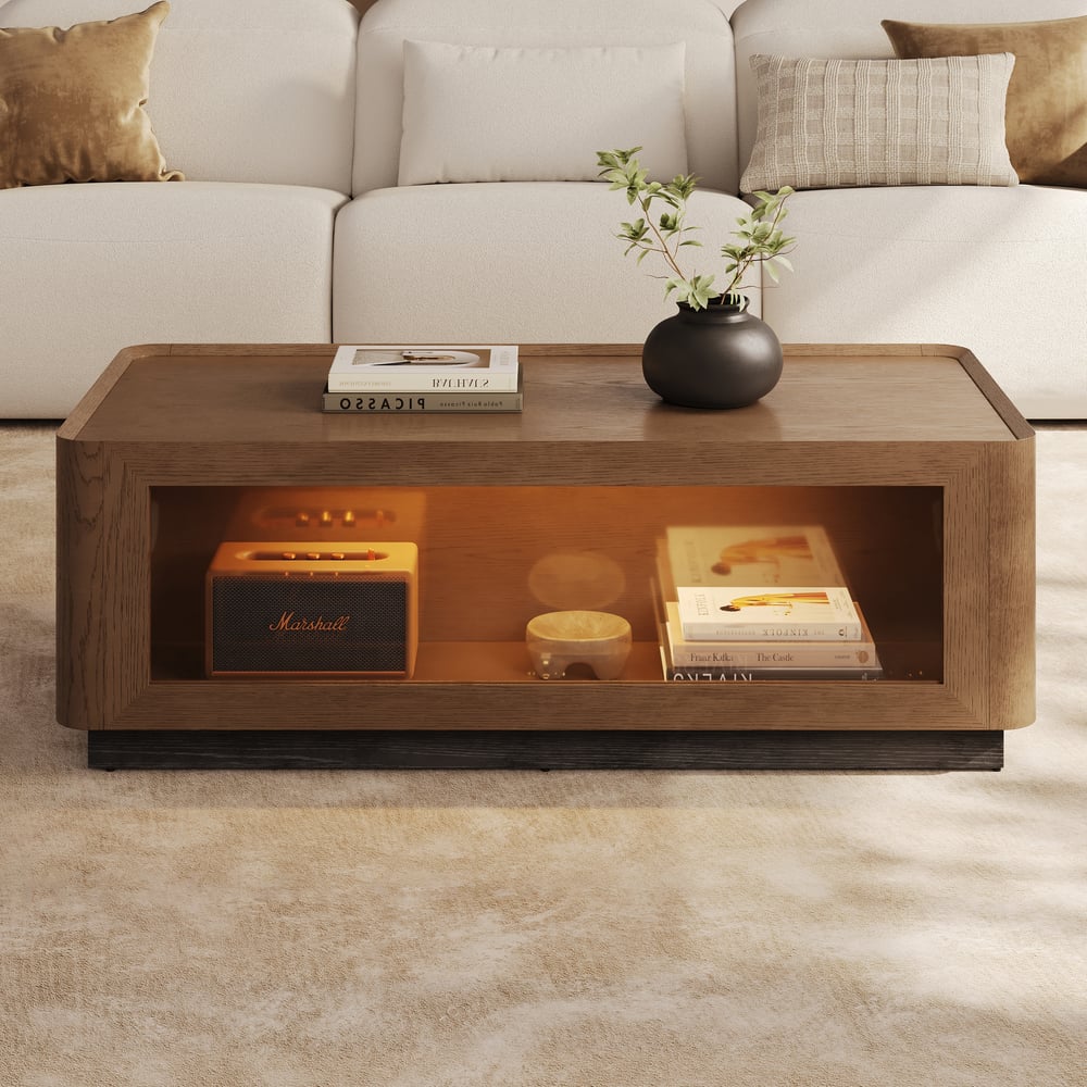 47" Glass Door Walnut Coffee Table with Storage and LED window image