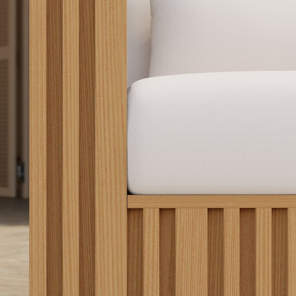 Modern Outdoor Sculptural Fluted 360-Degree Swivel Accent Chair in Natural window image