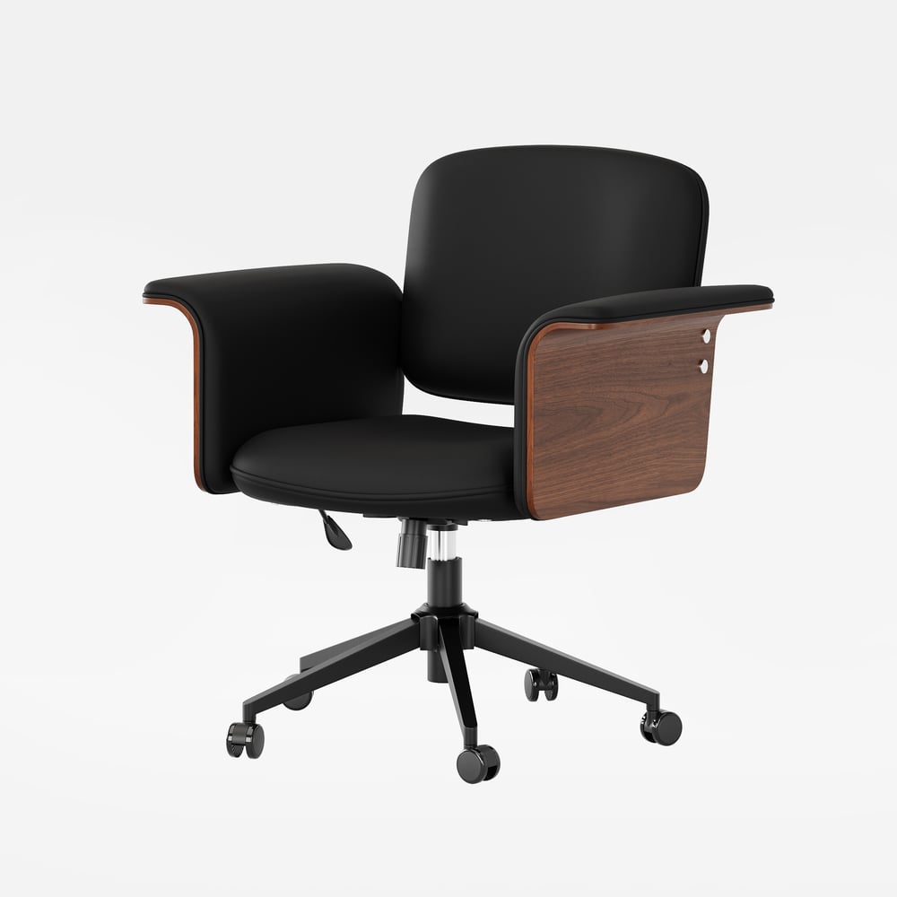 Walnut L-Shaped Corner Desk & Black Faux Leather Office Chair window image