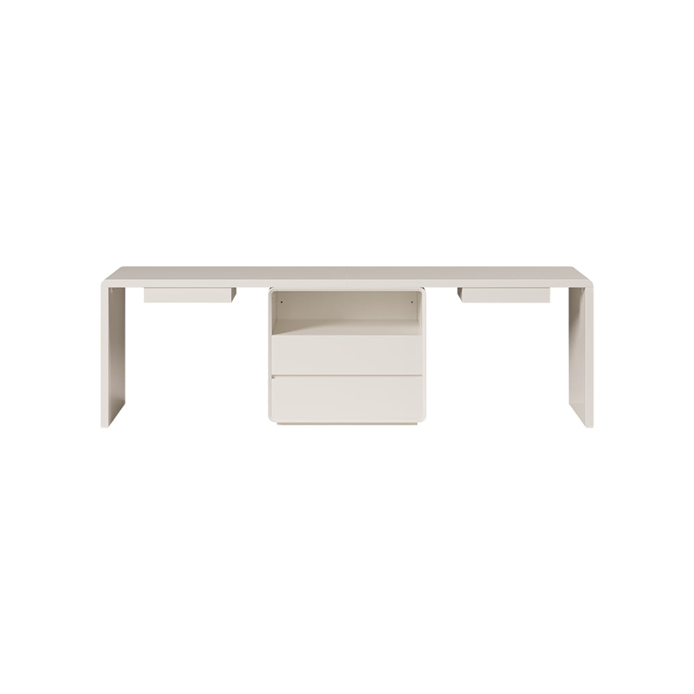White Double Desk with Drawers & 2 Ivory PU Leather Modern Home Office Chairs window image