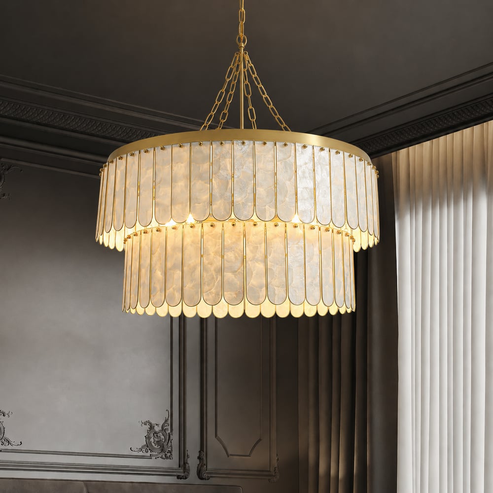 Enseo Coastal 8-Light Capiz Shell 2-Tiered Faceted Chandelier Pendant Light Gold White window image