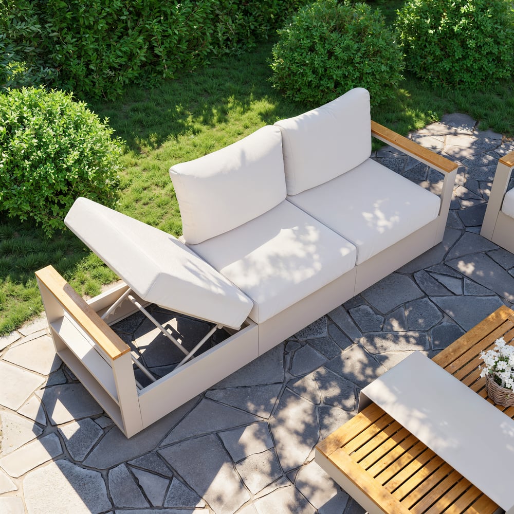 Tevara 6-Person Outdoor Sofa Set with Wood & Aluminium Frame, Sand & Warm White (4-Piece) window image