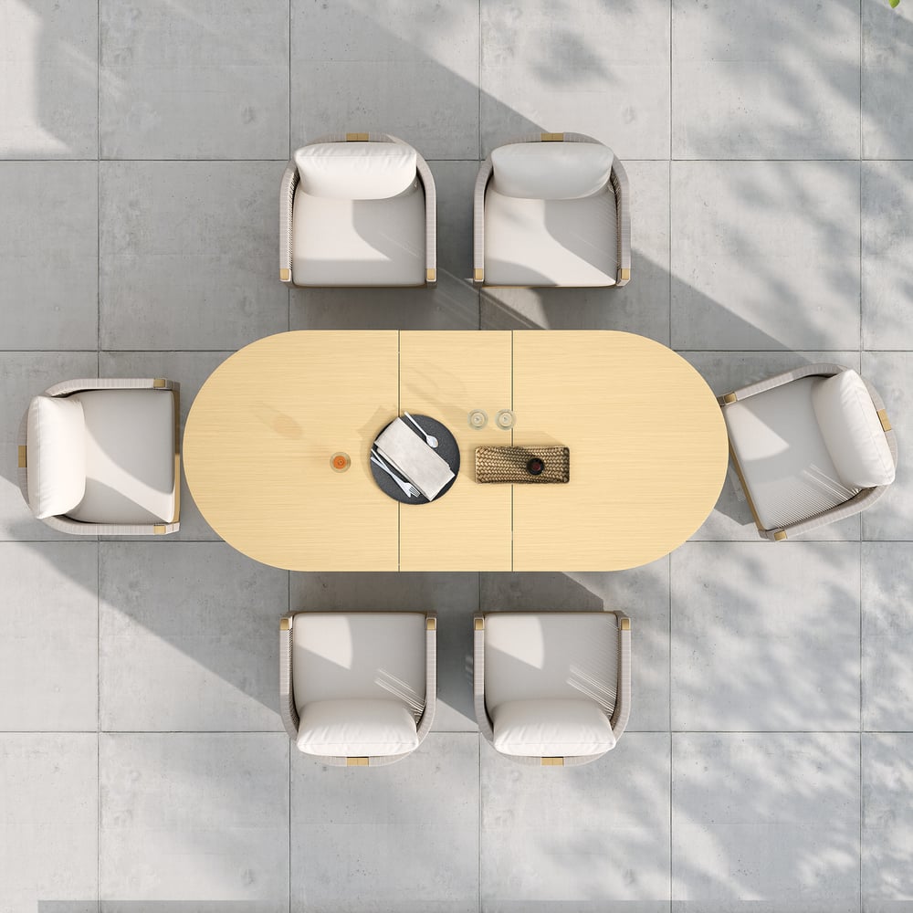 Costra  Outdoor Aluminum Extendable Dining Set with 6 Woven Swivel Armchairs in Ivory window image