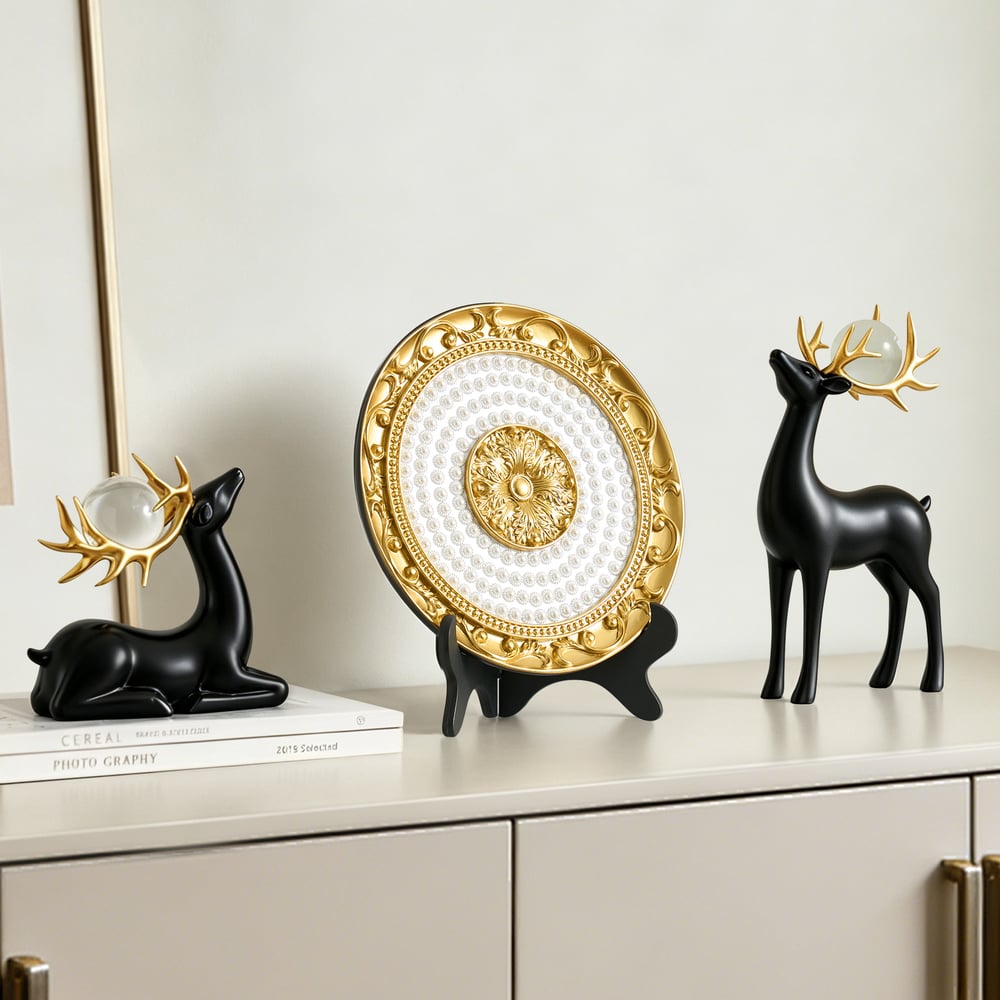 3PCS Black Deer Figurine with Decorative Plate Set Luxury Resin Animal Sculptures window image