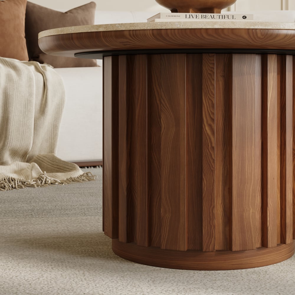 Aura 2 Piece Set Ash Wood Slatted  Round Coffee Table with Sintered Stone Top(20" - 28") window image