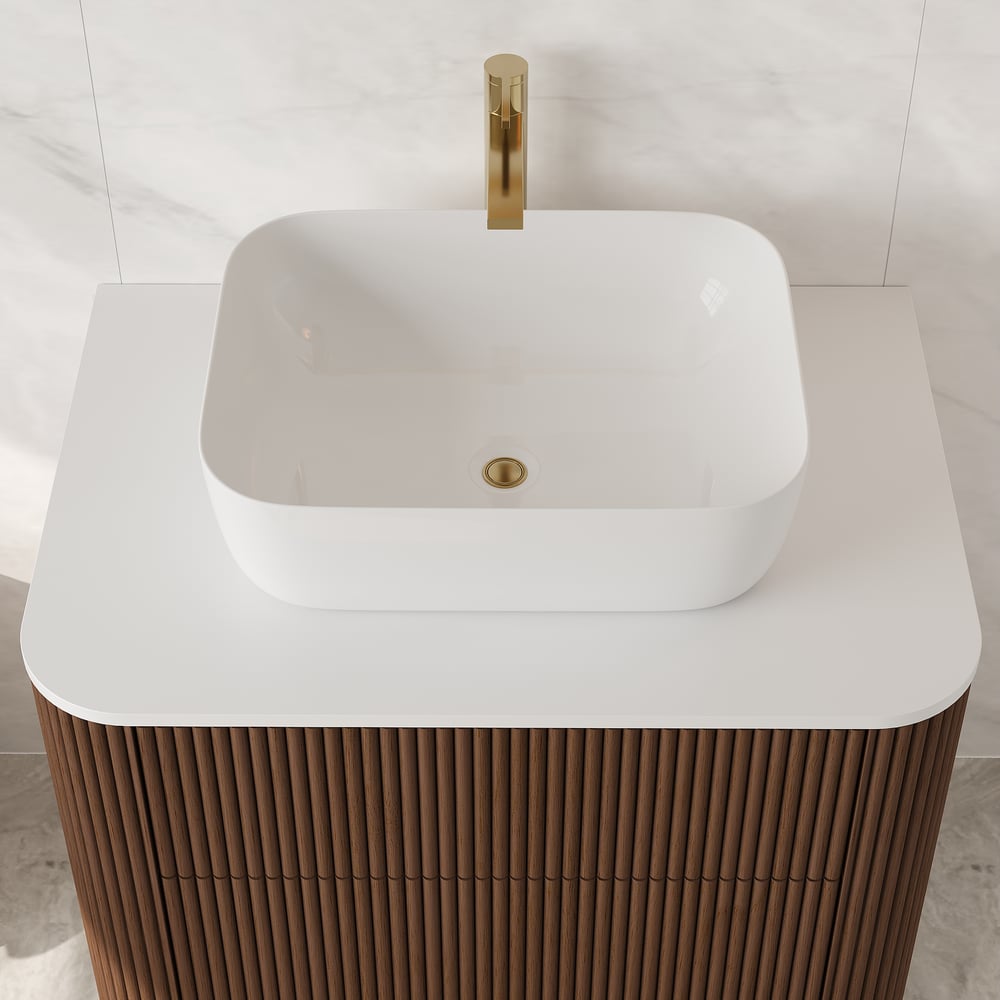 80cm Fluted Freestanding Bathroom Vanity with Vessel Sink, 3-Drawers, Sintered Stone top window image