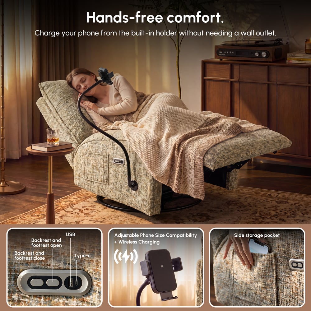 Performance Liner Power Swivel Rocker Recliner Accent Chair with Phone Holder window image