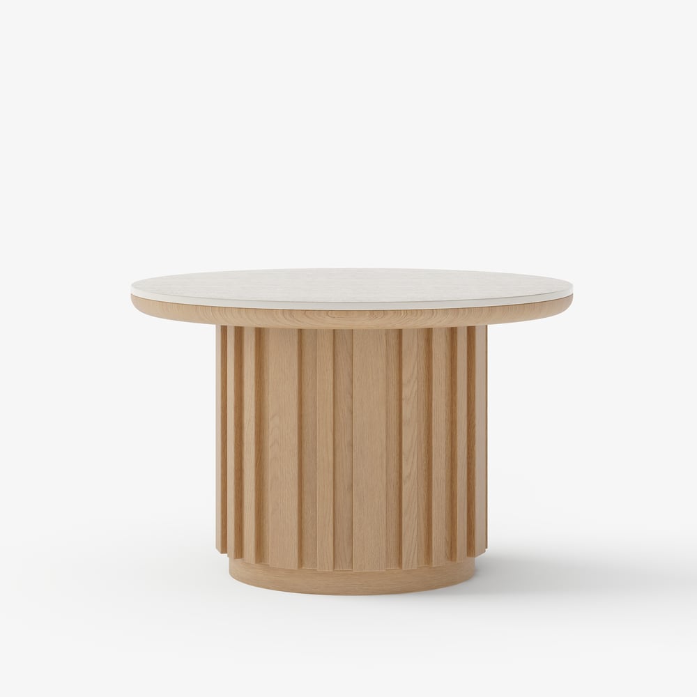 Table basse ronde à lattes en bois de frêne Aura avec plateau en pierre frittée image de fenêtre