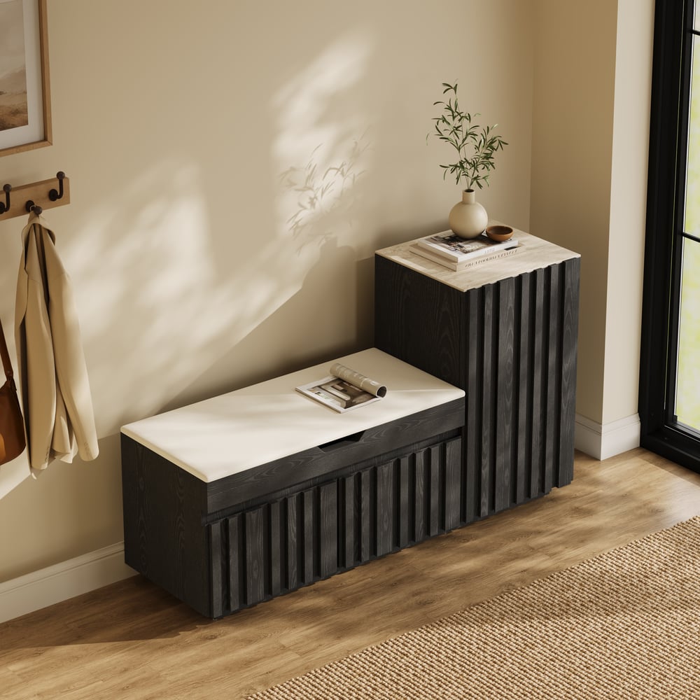 Aura 47” Wooden Shoe Storage Bench with Right-Side Cabinet for Entryway window image