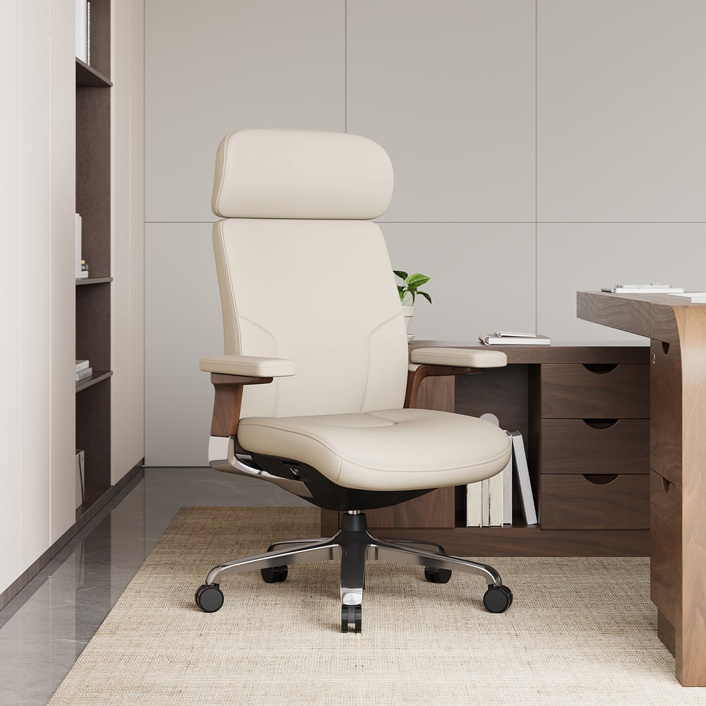 Ivory Genuine Leather Swivel Office Chair with Ergonomic Synchro-Tilt Recline System window image