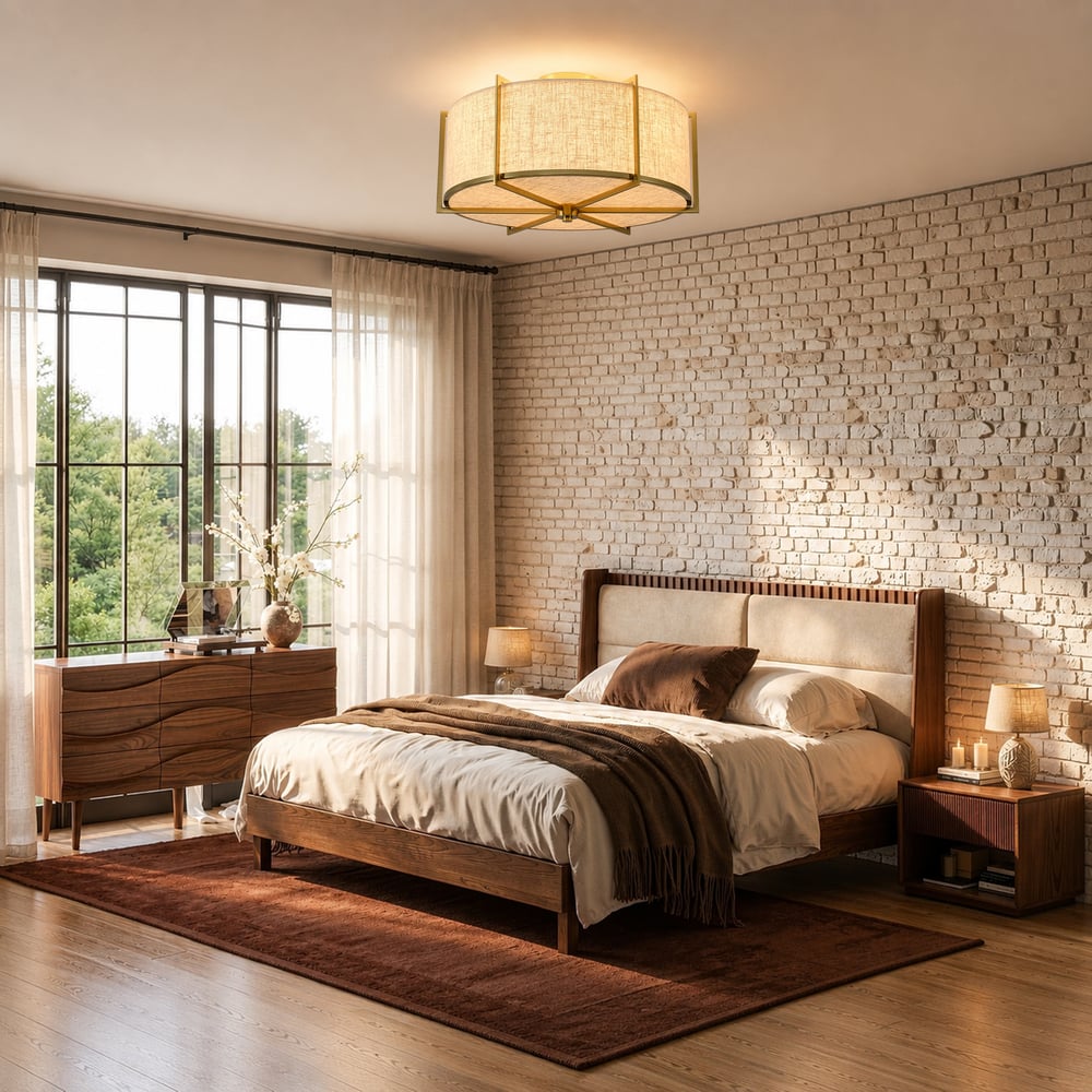 18" Linen Flush Mount Light in Gold Finish, 3-Light window image