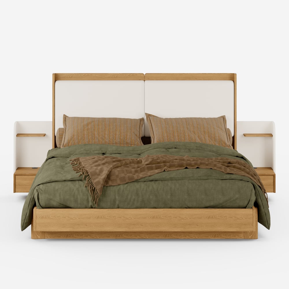 King Solid Wood Bed with Leather Extended Headboard & Floating Smart Nightstand Set window image