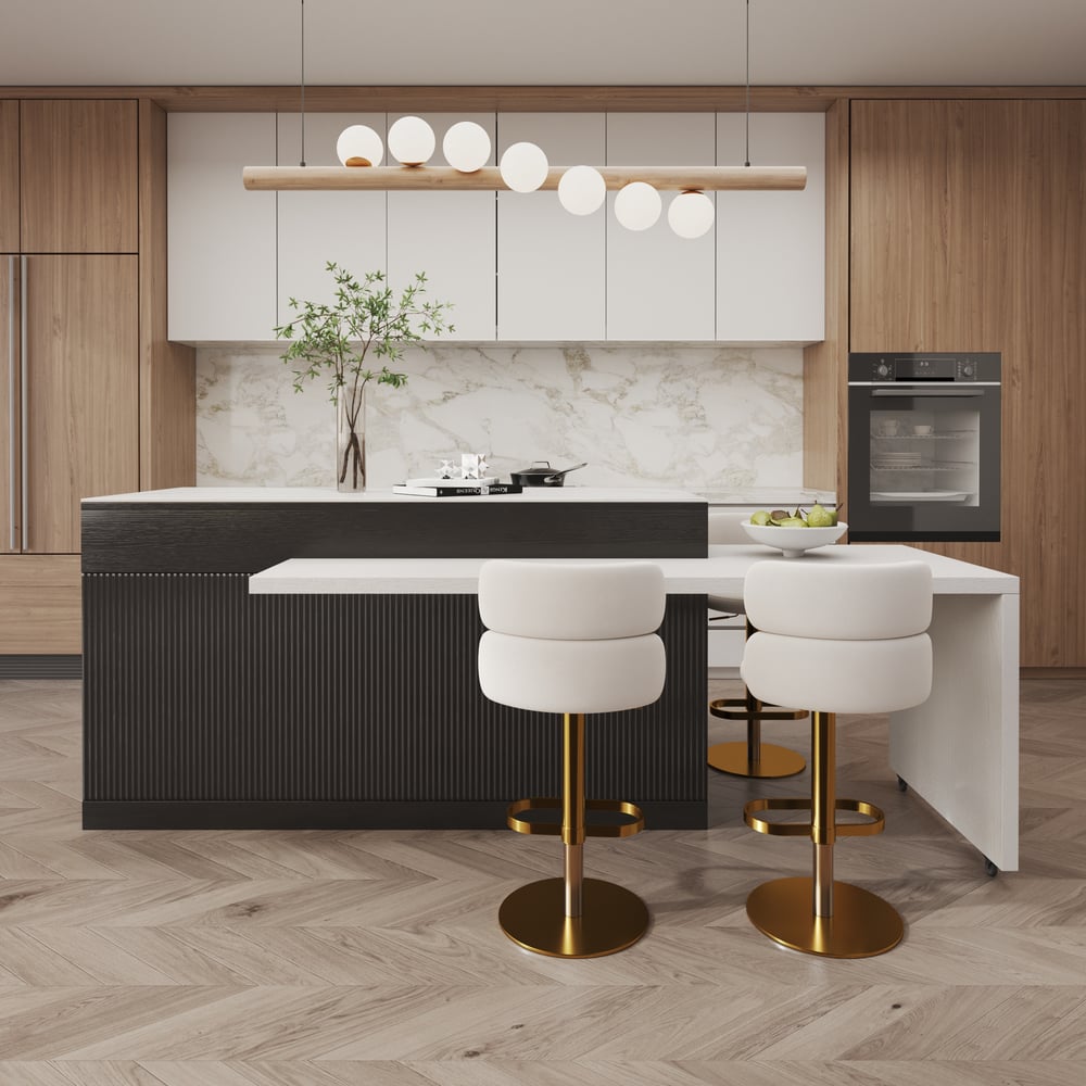 Îlot de cuisine extensible en pierre frittée de 205 à 270 cm avec portes et tiroirs, noir et blanc image de fenêtre