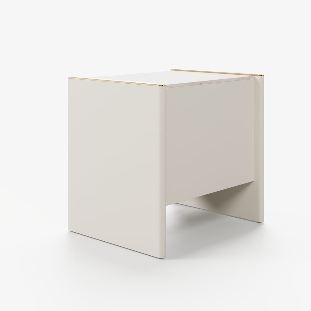 Modern Saddle Leather 2-Drawer Nightstand with Faux Travertine Stone Top window image