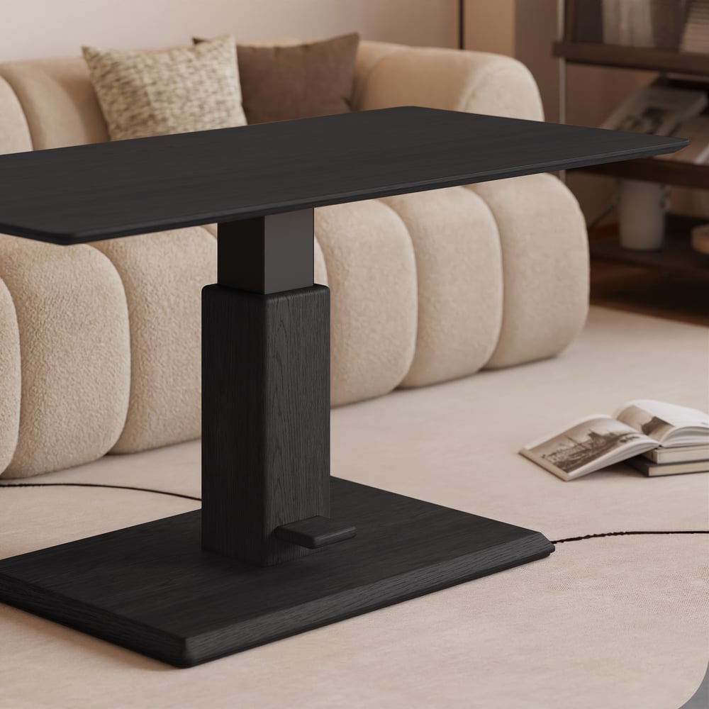 Table basse moderne de 119 cm en placage de bois noir, réglable en hauteur avec commande au pied image de fenêtre
