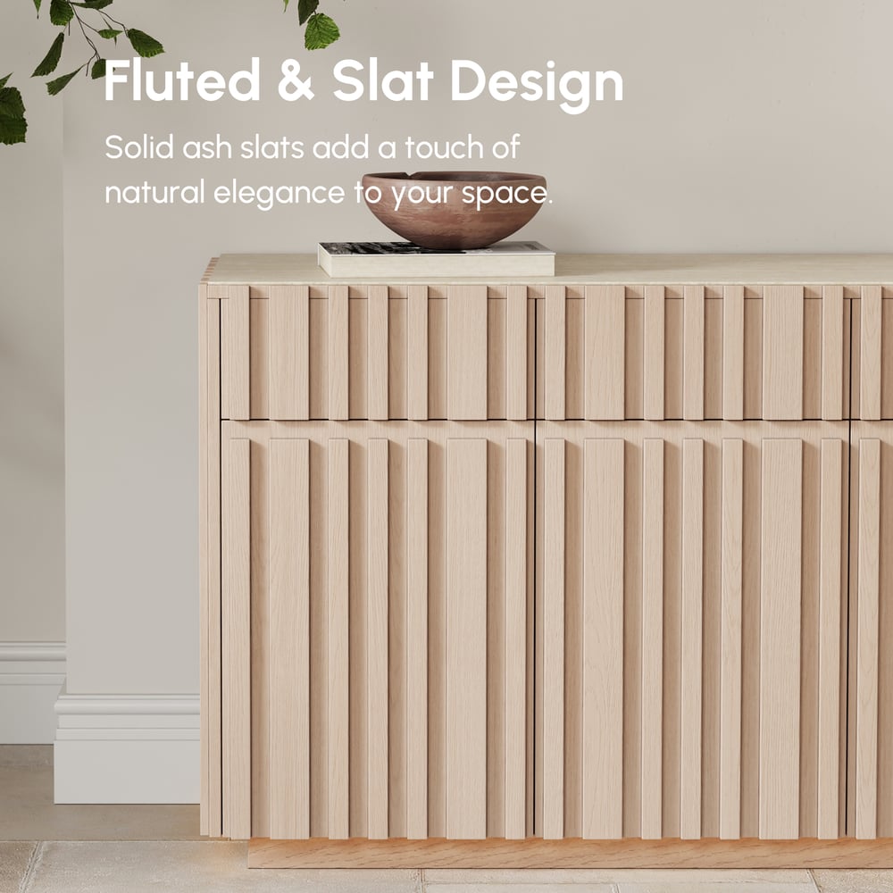 Aura 65" Ash Wood Slatted TV Stand with Sintered Stone Top window image