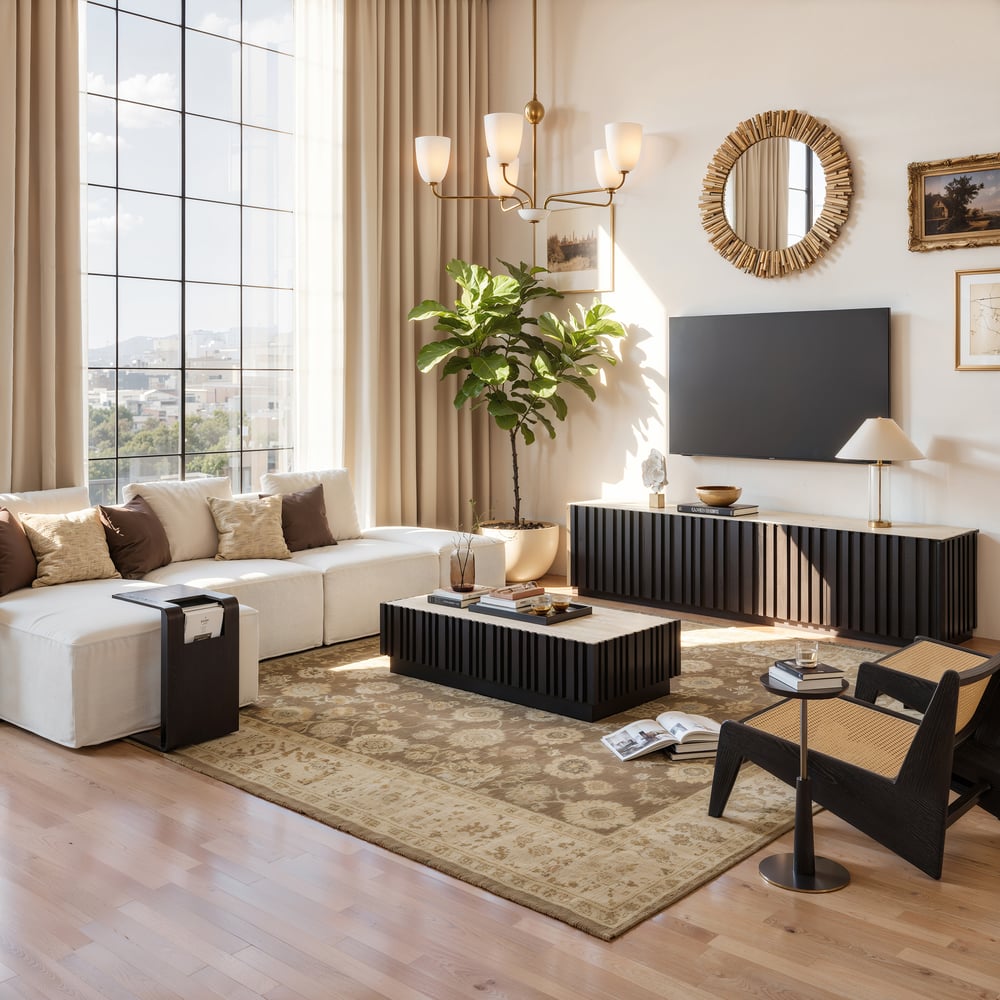 Table basse à lattes Aura 47" en bois de frêne avec plateau en pierre frittée image de fenêtre