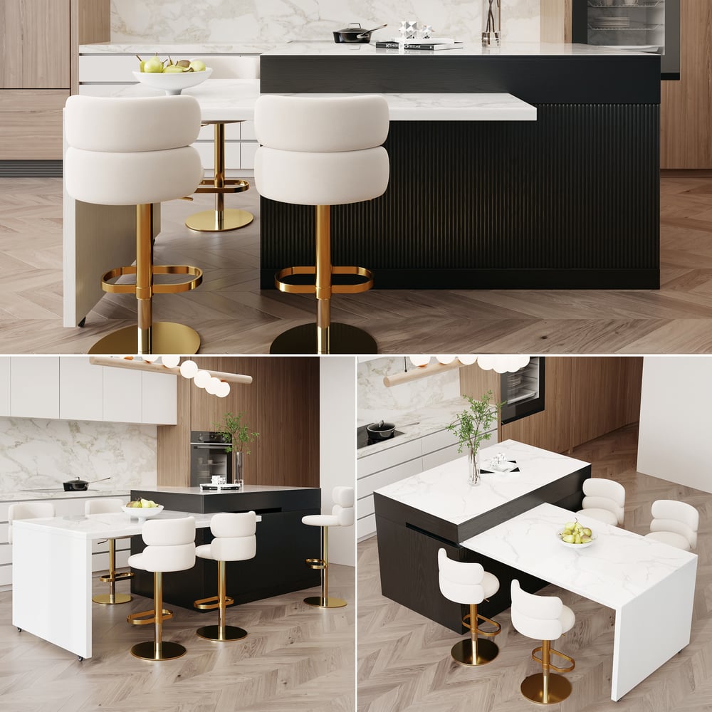 81"–112" Modern Extendable Glossy Sintered Stone Kitchen Island with Storage, White & Black window image