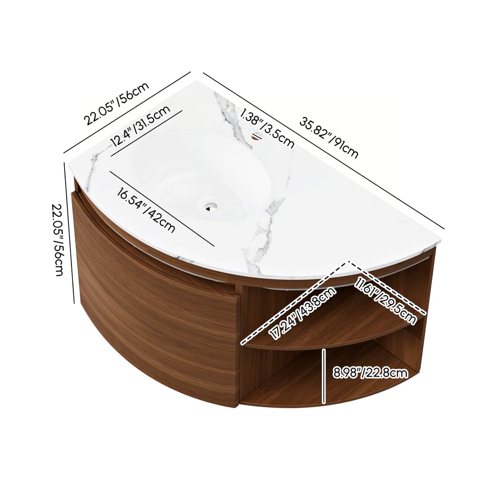 Meuble-lavabo de salle de bain d'angle de 91cm avec rangement et capteur de lumière à DEL Poids, dimensions, image