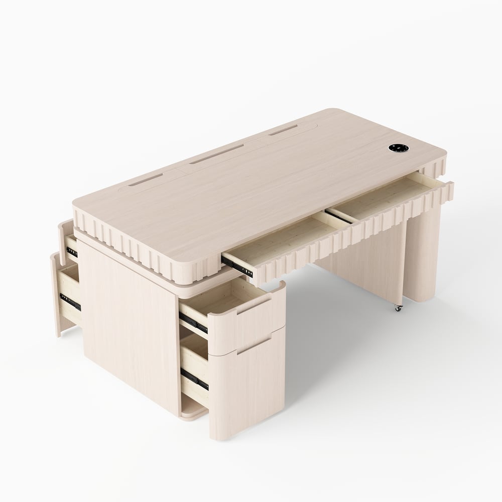 Aura 63" Whitewash Fluted 360-Degree Rotating Desk Electric Adjustable Standing Desk window image