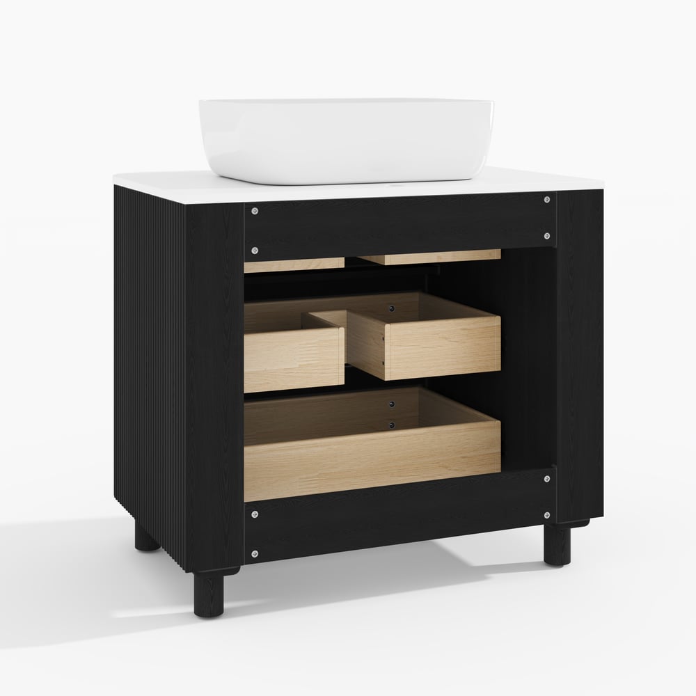 80cm Fluted Freestanding Bathroom Vanity with Vessel Sink, 3-Drawers, Sintered Stone top window image