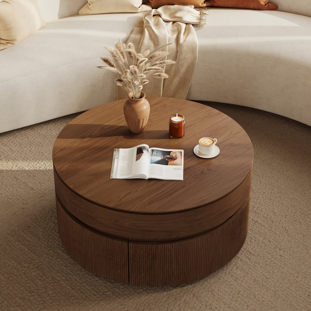 Table basse ronde en noyer à plateau relevable cannelé de 32 pouces avec 2 tiroirs image de fenêtre