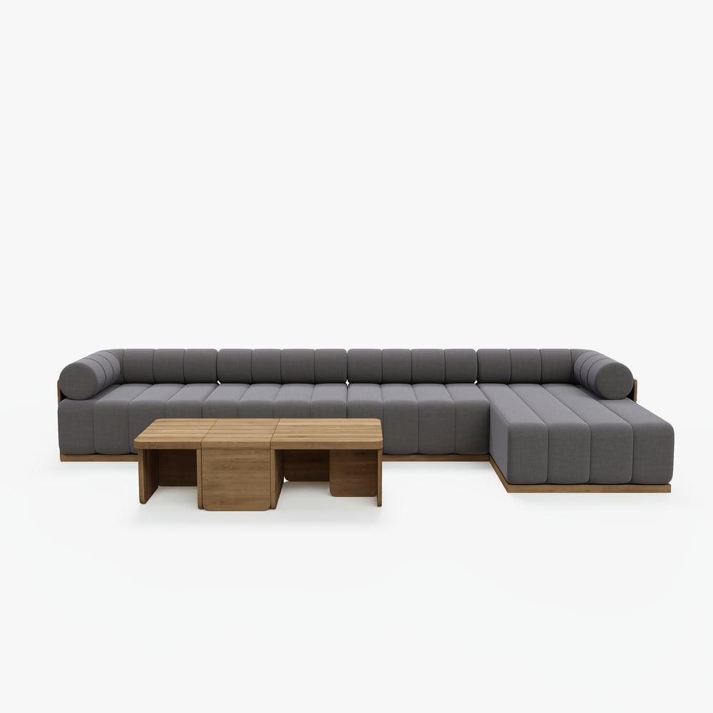 Ensemble de canapé modulaire d'extérieur 7 pièces Resaro en teck naturel avec dossier cannelé gris foncé image de fenêtre