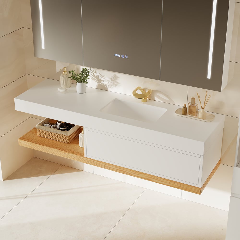 59" Floating Bathroom Vanity & LED Medicine Cabinet Set window image