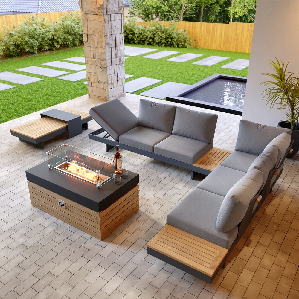 Tevara 5-Piece Modular Teak Outdoor Sofa Set with Smokeless Fire Pit for 6 in Dark Grey window image