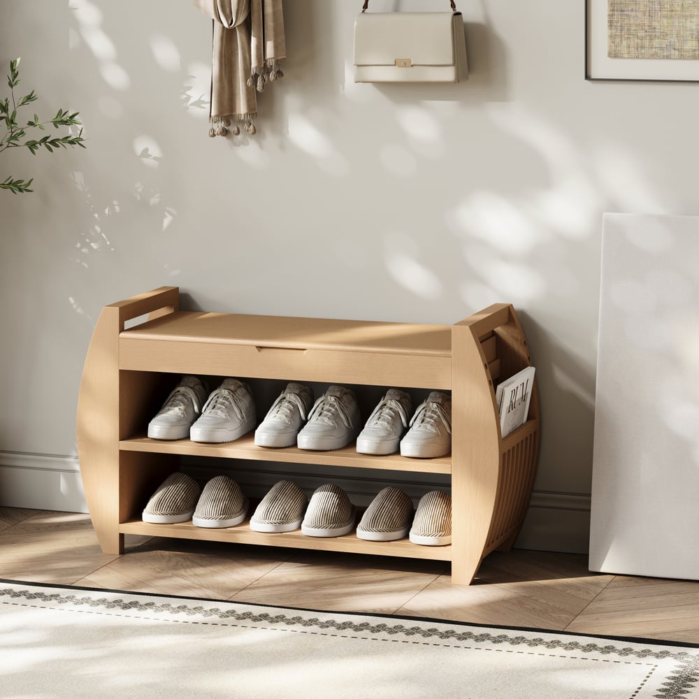 32'' Solid Wood Natural Shoe Storage Entryway Bench with Shoe Rack window image