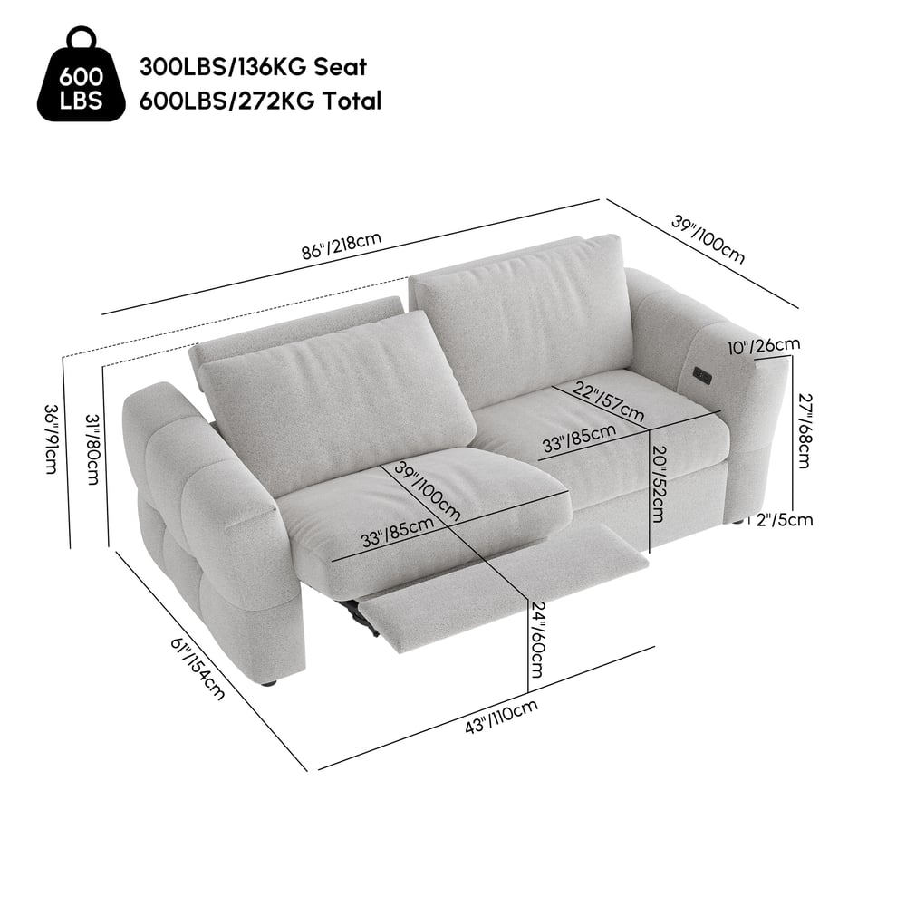 Glidio Chenille Power Reclining Sofa with Adjustable Headrests weights dimensions image