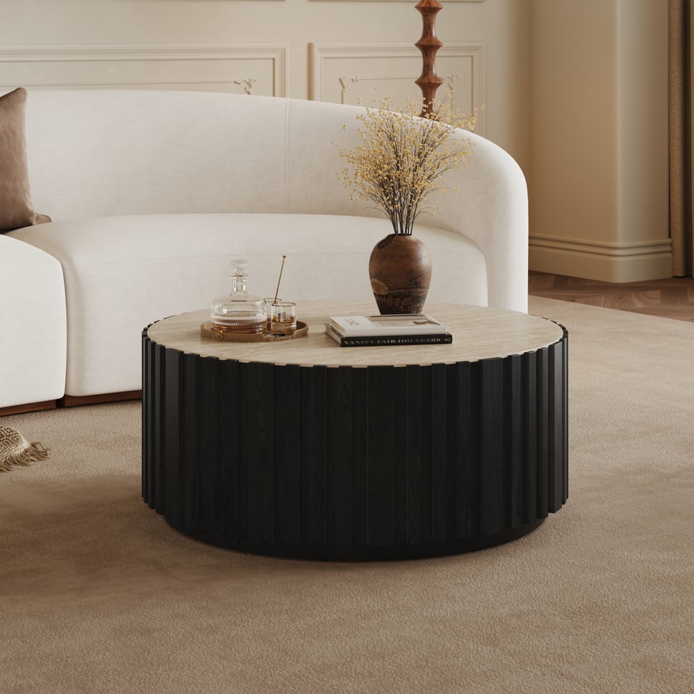 Aura 35" Round Black Slatted Sintered Stone Coffee Table with 2 Drawers window image