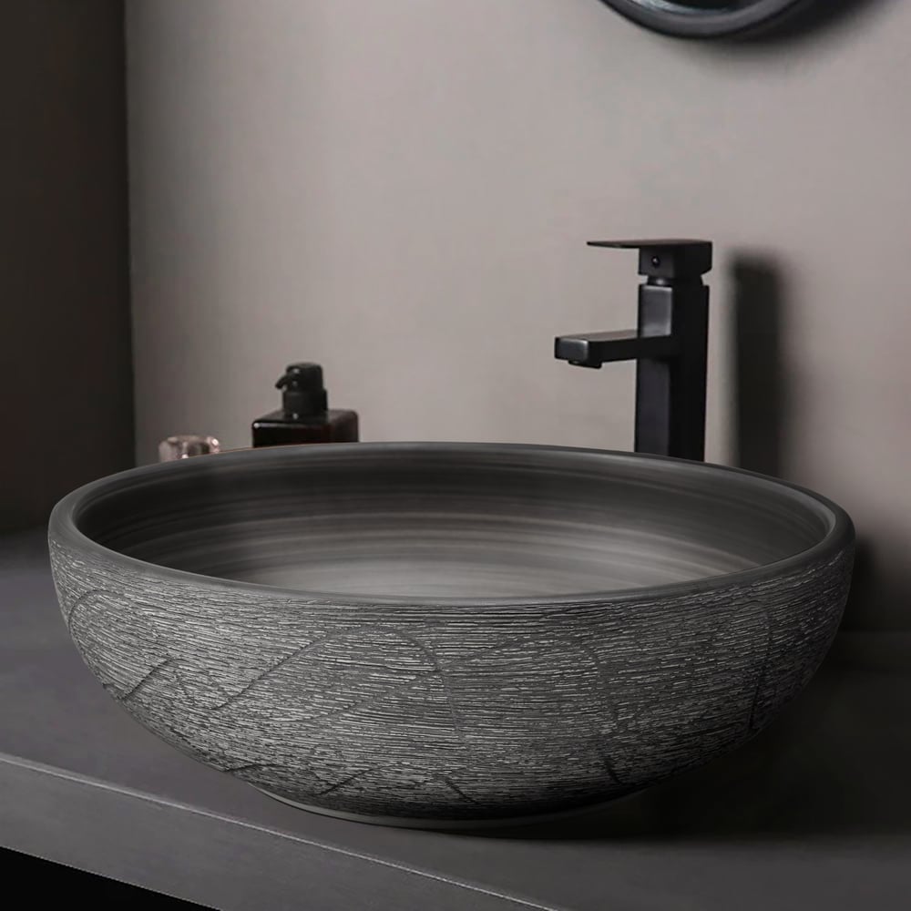 Vasque de salle de bain ronde en céramique grise de 40cm – évier à poser avec glaçure mate image de fenêtre