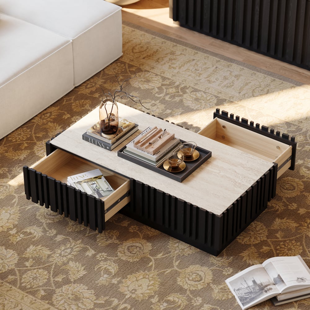 Table basse à lattes Aura 47" en bois de frêne avec plateau en pierre frittée image de fenêtre