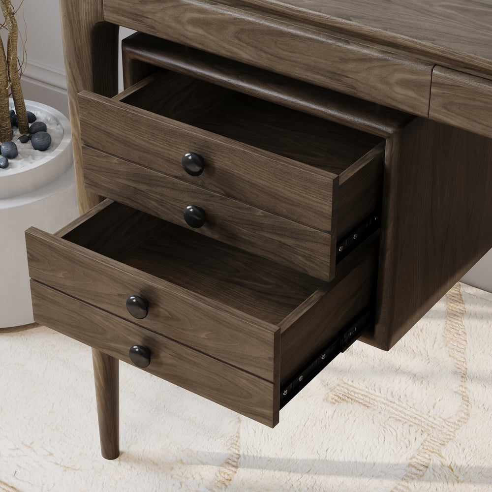 Tanic bureau 140 cm van essenhout, rookbruin, met 3 laden Vensterafbeelding