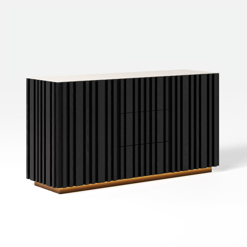 Aura 60" Black Faux Travertine Sideboard with Ash Wood Slatted Doors & LED Light window image