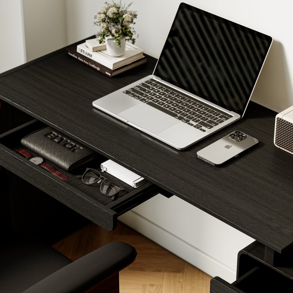 Modern 73" L-Shaped Black Rotating Desk with Keyboard Tray & Storage window image
