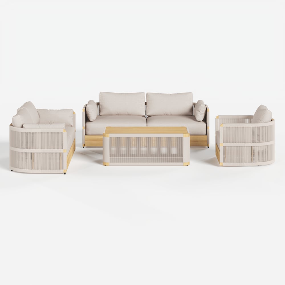 Costra Modern Aluminum & Rope Outdoor Swivel Sofa Set with Coffee Table & Cover in Ivory window image