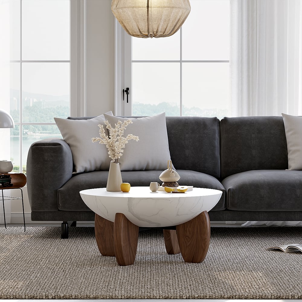 Curva 37" Round Concrete Walnut Coffee Table with Wood Legs window image