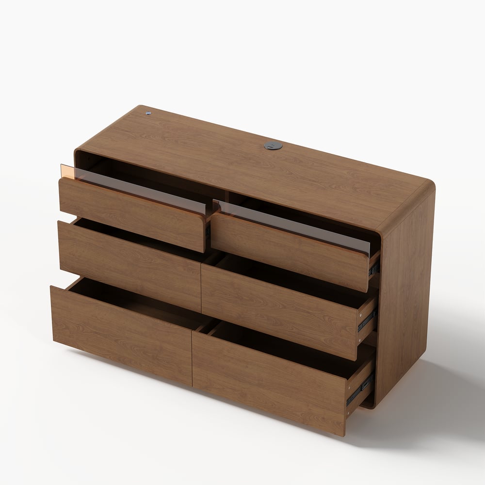 Meloa 47" Wooden Walnut 6-Drawer Dresser with Light and Charging Station window image