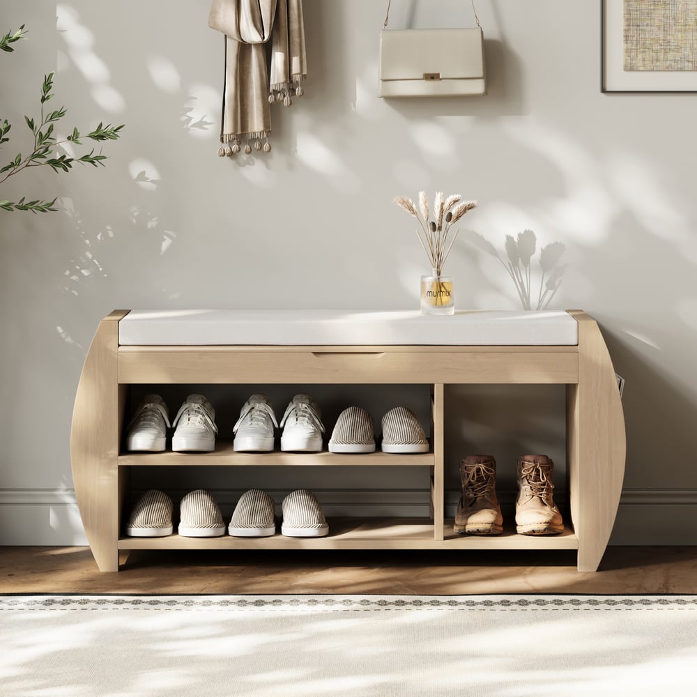 40'' Wood Veneer Whitewash Shoe Storage Entryway Bench with Shoe Rack window image