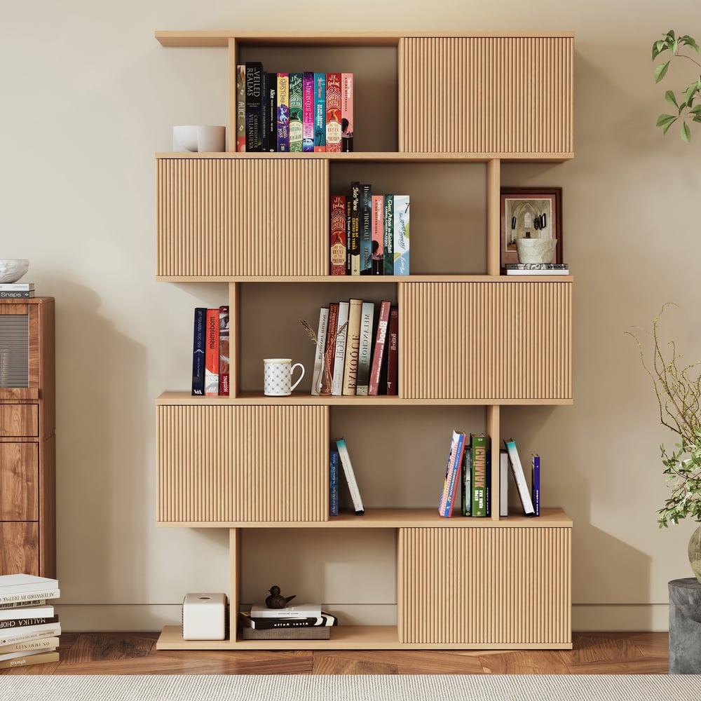 72.8" Natural Sliding Door Etagere Bookshelf 5-Shelf Tall Book Shelf Rich Storage window image