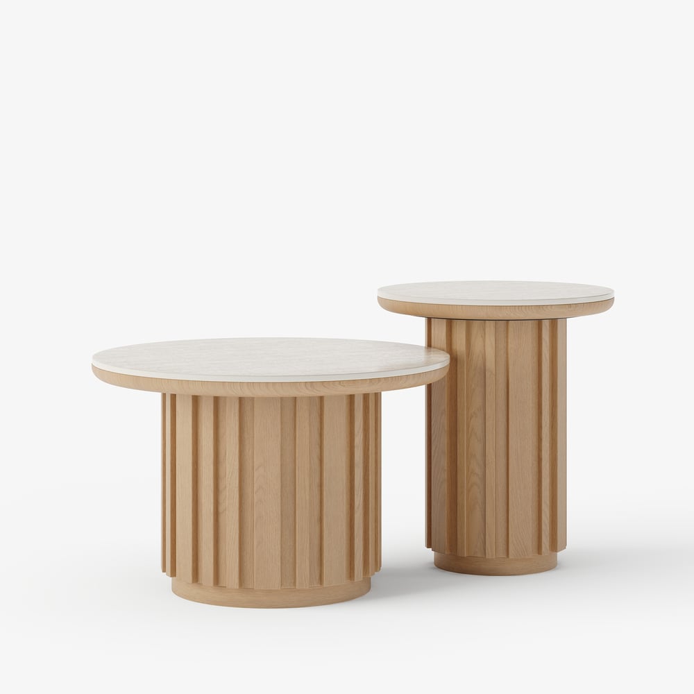 Aura 2 Piece Set Ash Wood Slatted  Round Coffee Table with Sintered Stone Top(20" - 28") window image