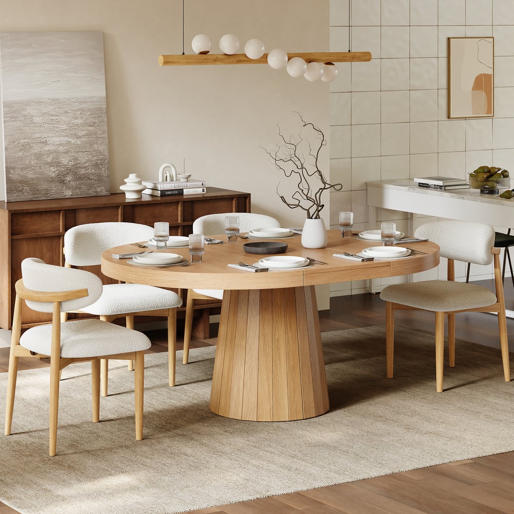 Japandi 39"–55" Extendable Round-to-Oval Wood Dining Table Natural, Seats 4-6 window image