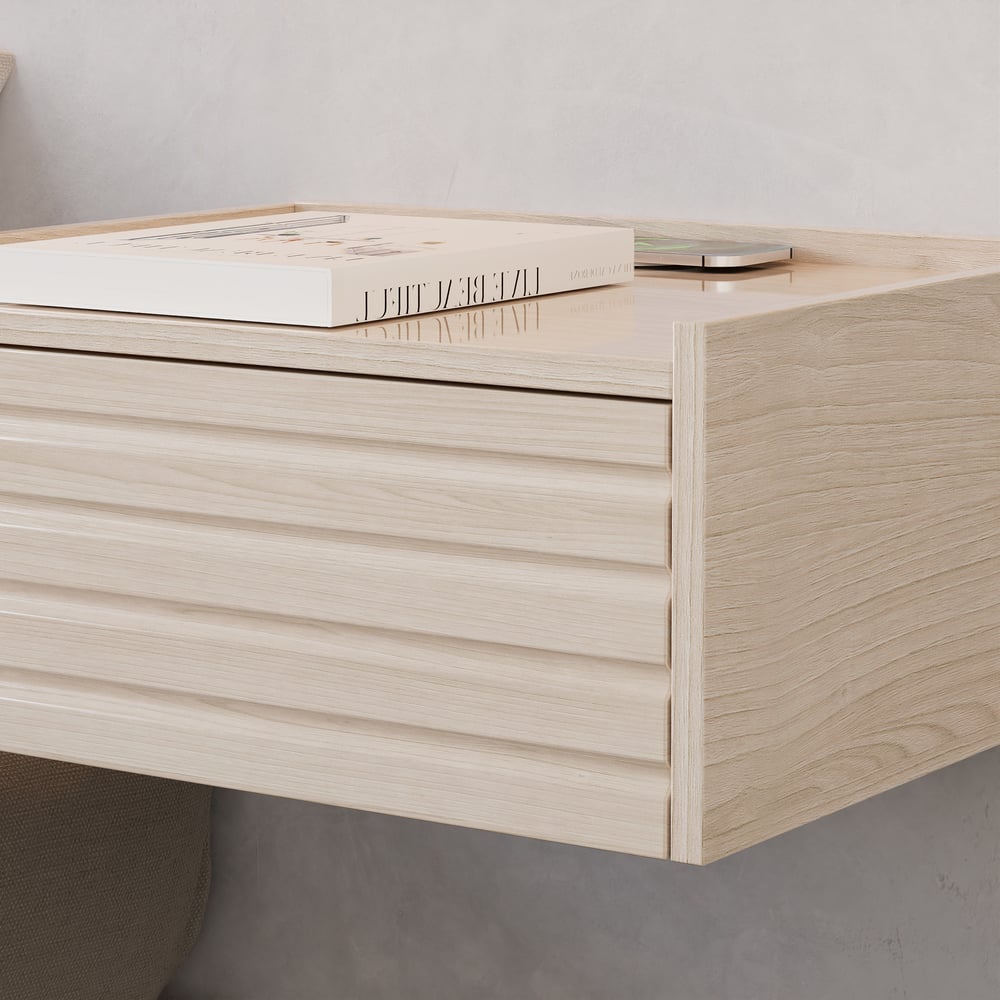 Zwevend houten nachtkastje met verlichting & oplaadstation Vensterafbeelding