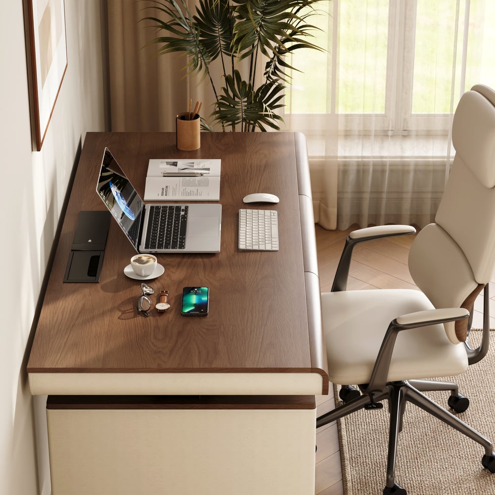 160 cm Height Adjustable Electric Standing Desk with Walnut Top and Leather-Wrapped Legs window image