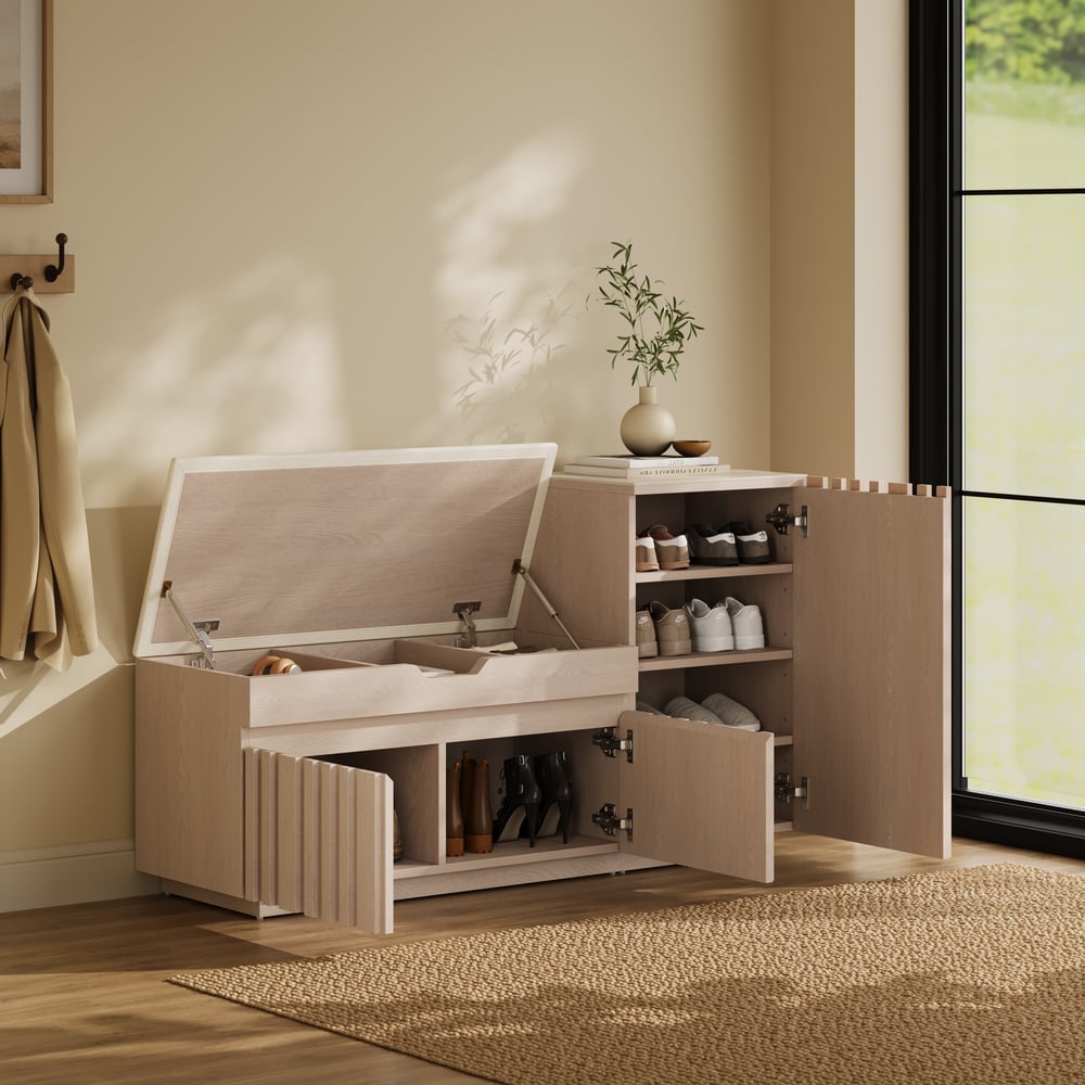 Banc de rangement pour chaussures en bois Aura 47 po avec armoire sur le côté droit pour l'entrée image de fenêtre