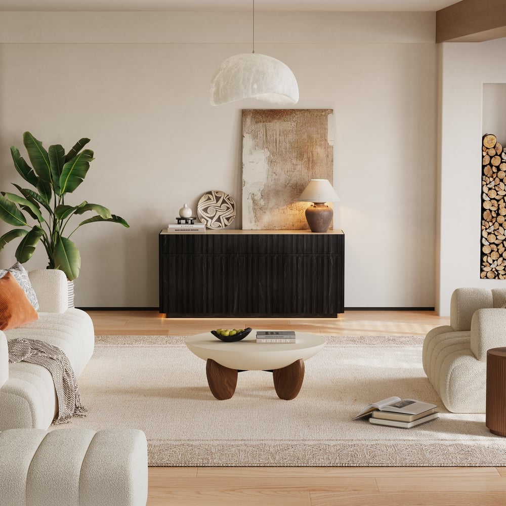 Aura 65" Ash Wood Slatted Black TV Stand with Sintered Stone Top window image