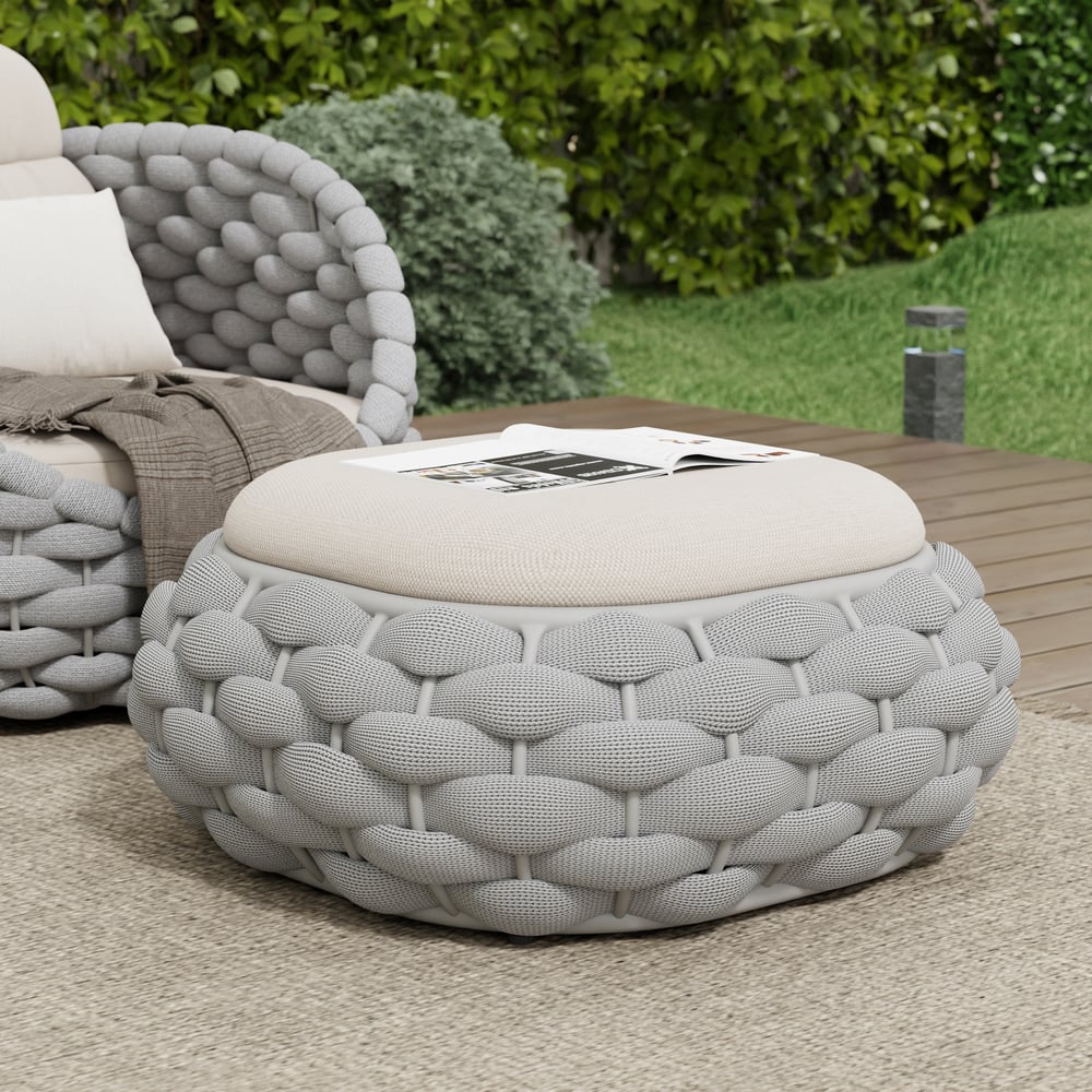 Cocaro Outdoor Hand-Woven Rope Footrest Storage Ottoman in Light Grey window image
