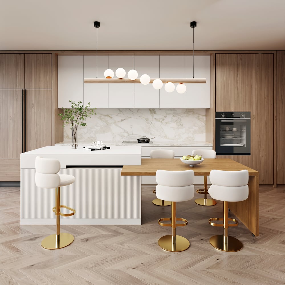 Îlot de cuisine extensible en bois de 81''-112" avec rangement, Naturel & Blanc image de fenêtre